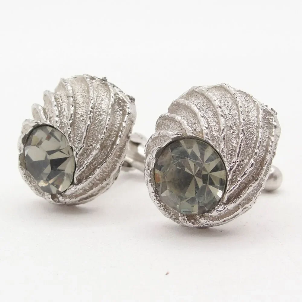 Vintage Swank Silver Tone Shell Cufflinks Smoky Rhinestone Glass MCM Wedding